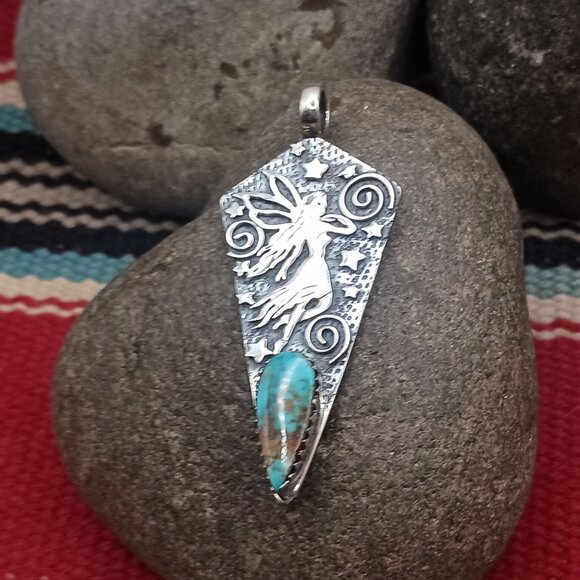 Sterling Silver Fairy Pendant Necklace Turquoise Moon Stars - Picture 2 of 8